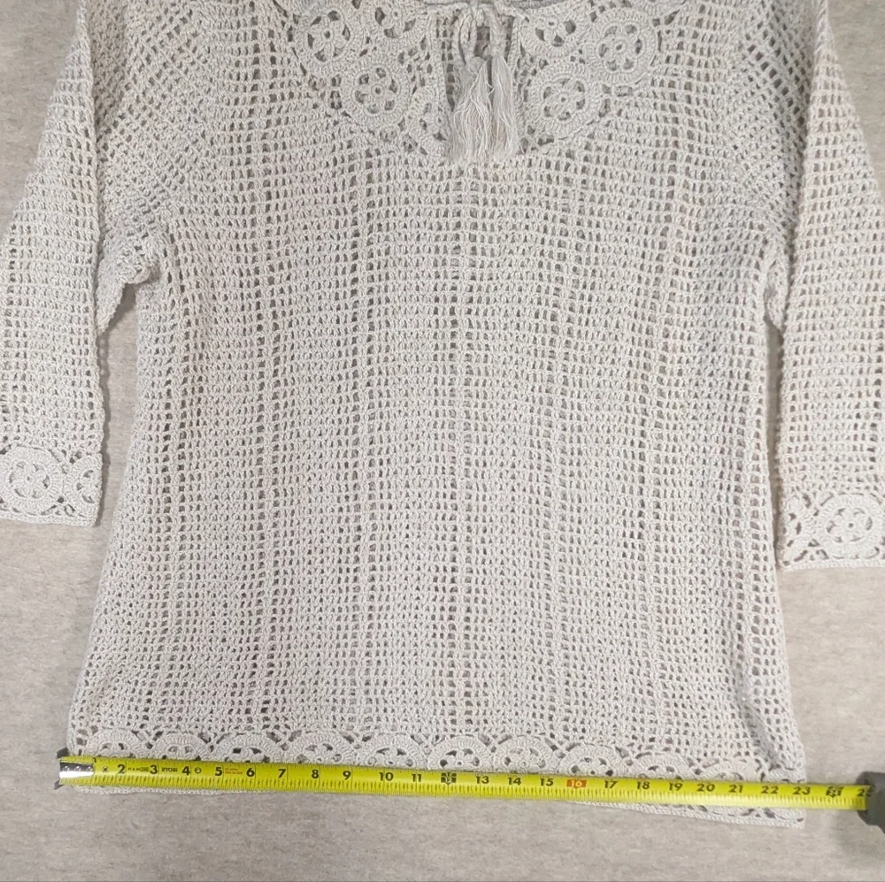 100% Cotton Gorgeous Oatmeal Beachy Natural Boho Crunchy Crochet Top Open Knit L
